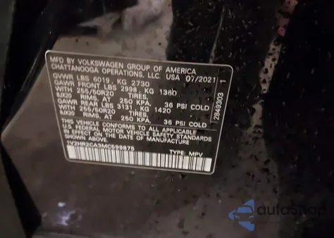 2021 Volkswagen Atlas 3.6L V6 Se W/Technology из США, поврежденный, VIN 1V2HR2CA3MC599875